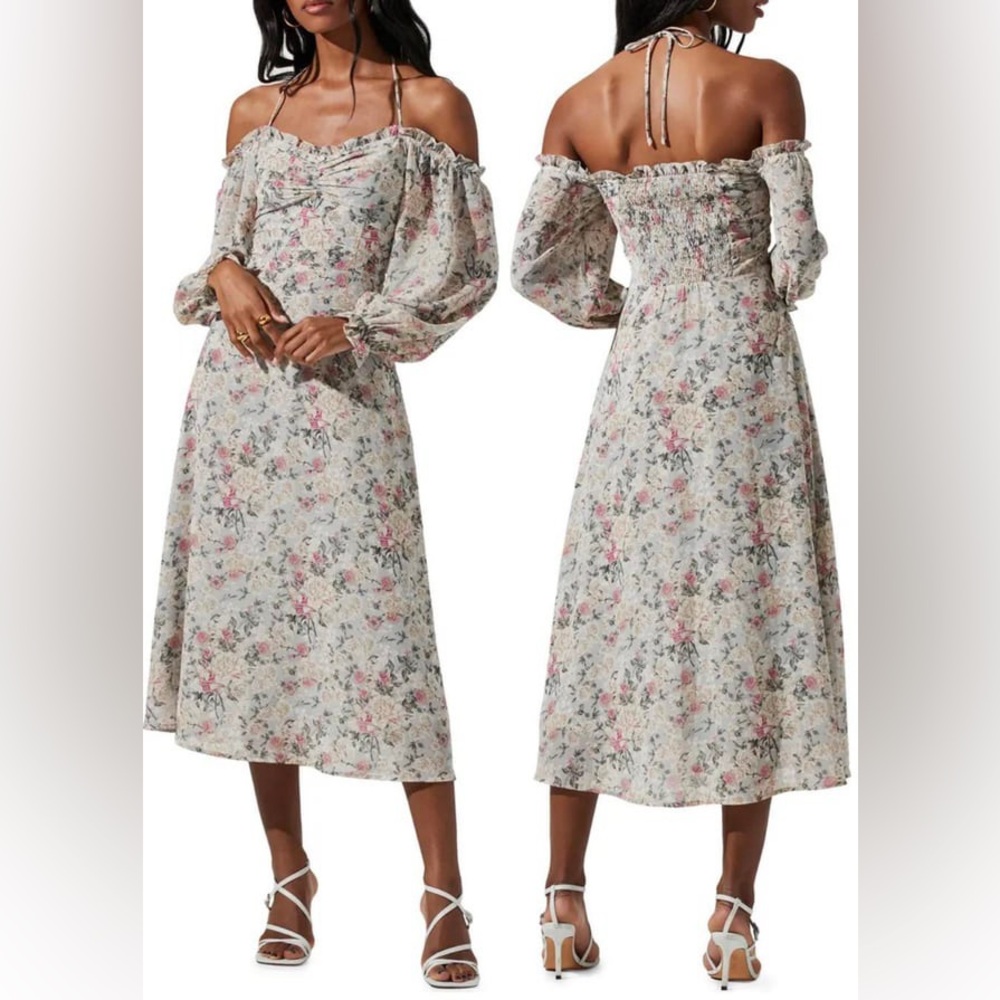 ASTR OFF SHOULDER LONG SLEEVE CINCHED BUST MIDI DRESS